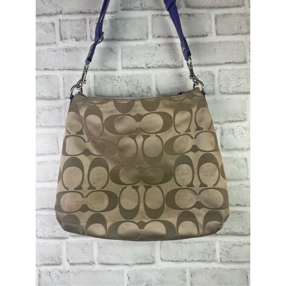 Coach Signature Stripe Hobo Bag F20064 Khaki/Blue Patent Leather Trim - Picture 2 of 16